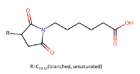 Beispiel einer Strukturformel von 6-[(C10-C13)-Alkyl-(verzweigt, ungesättigt)-2,5-dioxopyrrolidin-1-yl]hexansäure